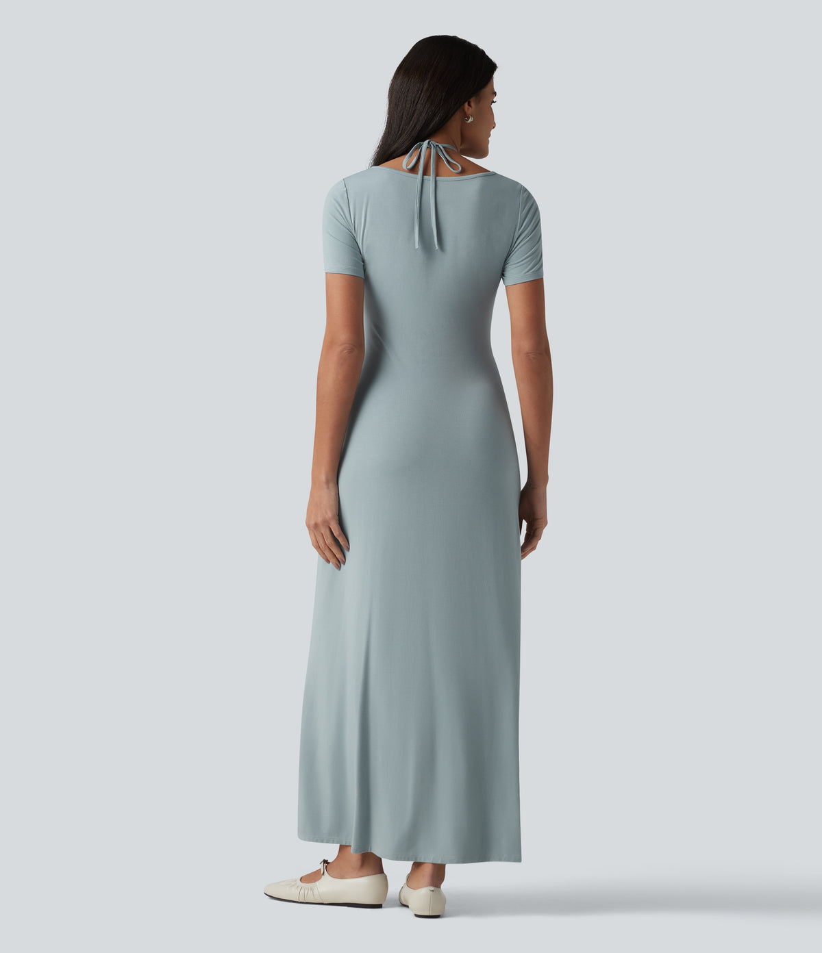 V-neck Short Sleeve Drawstring Ruched Maxi Casual Dress — Slate — view 2