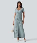 V-neck Short Sleeve Drawstring Ruched Maxi Casual Dress — Slate — view 7
