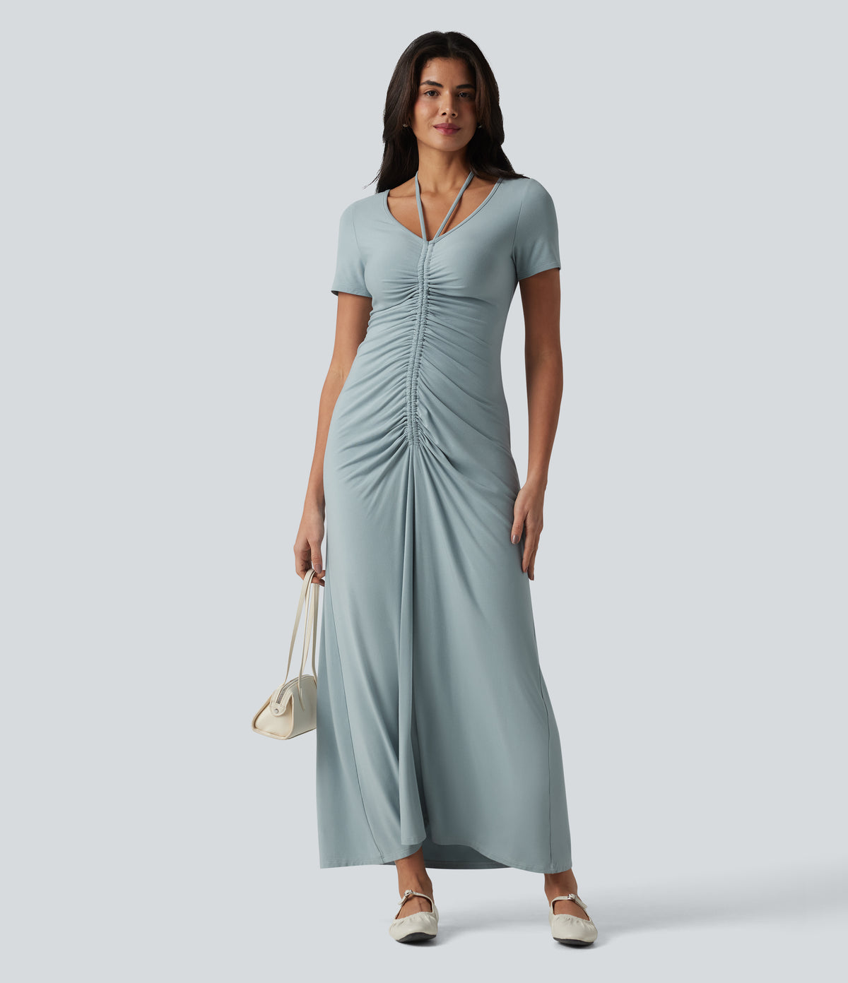 V-neck Short Sleeve Drawstring Ruched Maxi Casual Dress — Slate — view 7