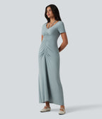 V-neck Short Sleeve Drawstring Ruched Maxi Casual Dress — Slate — view 3