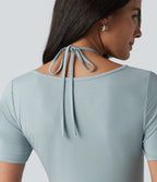 V-neck Short Sleeve Drawstring Ruched Maxi Casual Dress — Slate — view 5