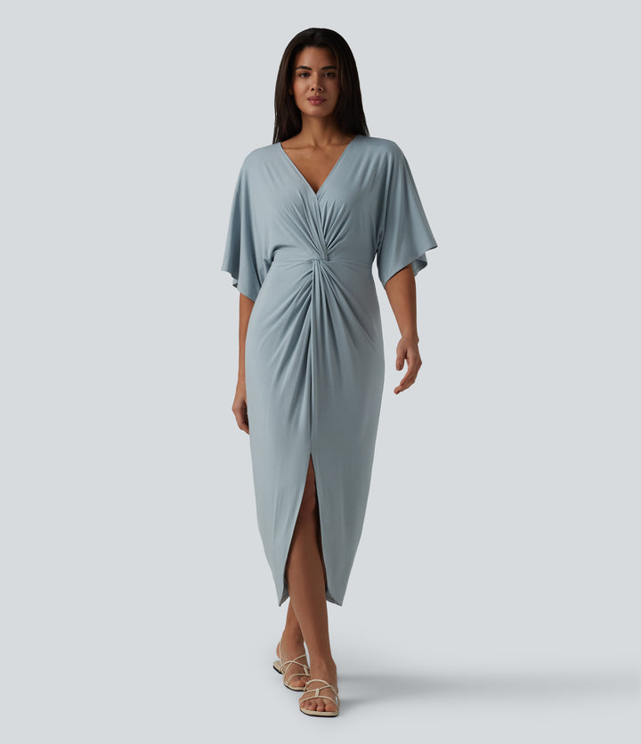 V-neck Batwing Sleeve Twisted Tulip Hem Midi Casual Dress — Misted Blue — view 1