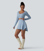 High Waisted Tummy Control 2-Piece Mini Yoga Skirt with Pockets — Celestial Blue — view 7
