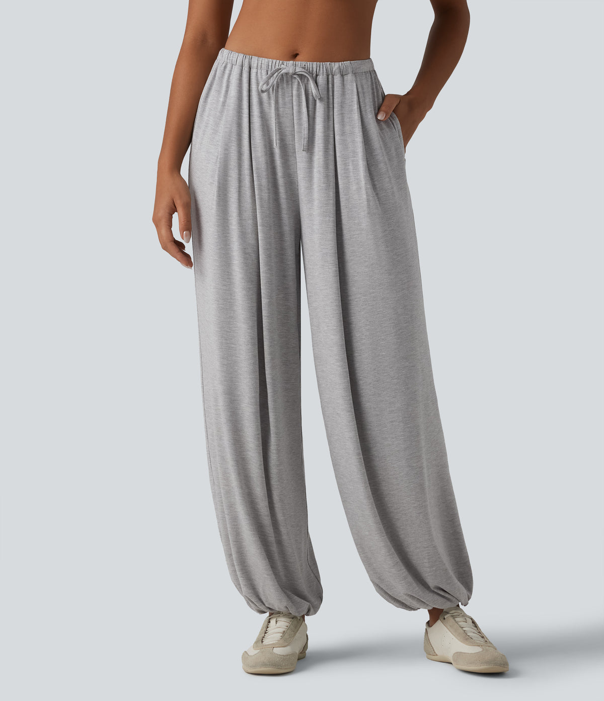 Mid Rise Drawstring Casual Balloon Joggers with Pockets — Ghost Gray — view 1