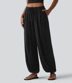 Mid Rise Drawstring Casual Balloon Joggers with Pockets — Black — view 6