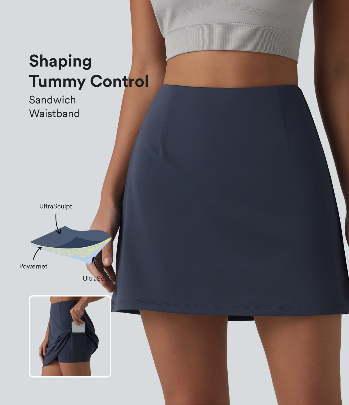 High Waisted Tummy Control 2-in-1 Mini Workout Skirt with Pockets — Always in a Mood - Dark Blue — view 1