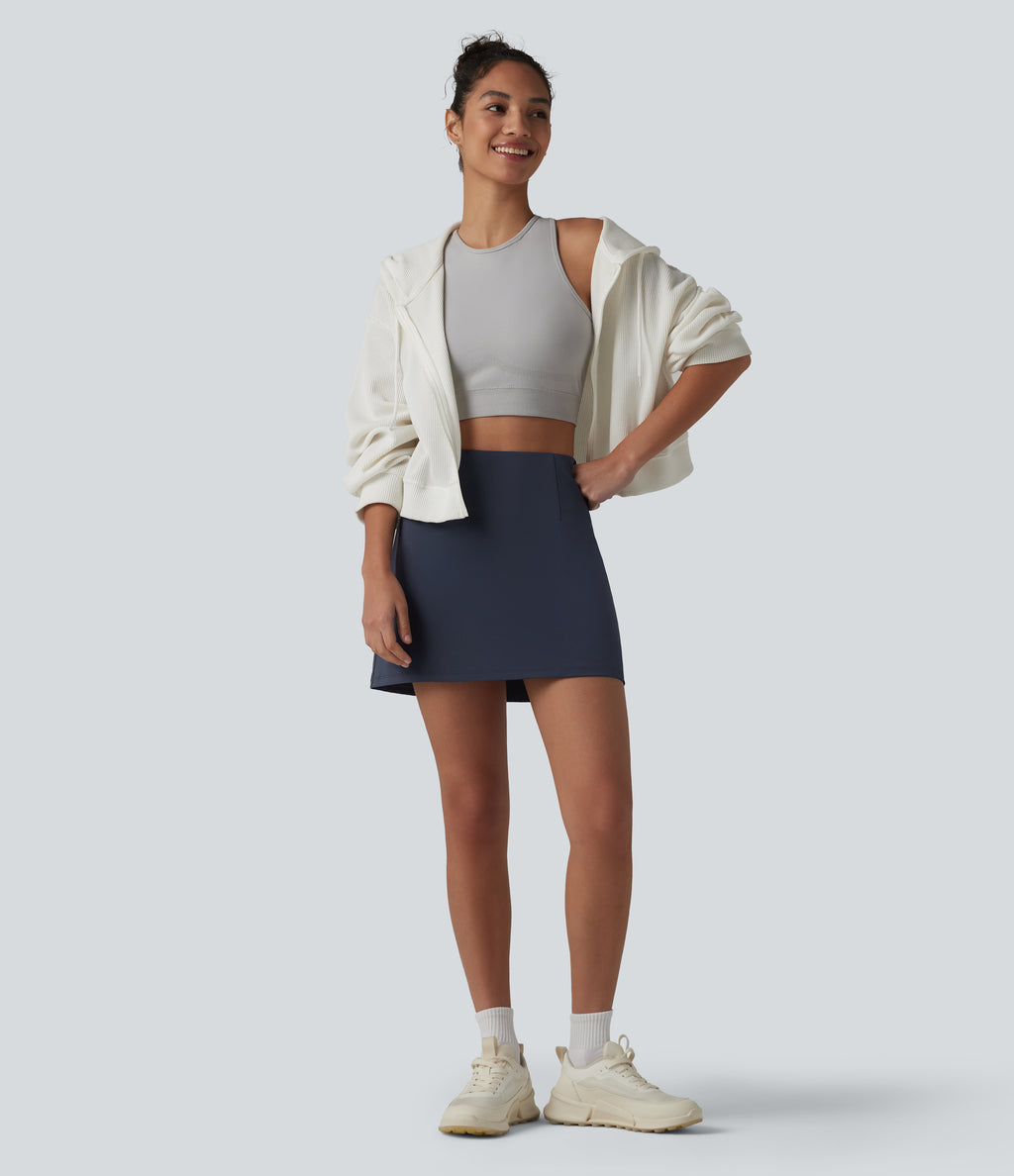 High Waisted Tummy Control 2-in-1 Mini Workout Skirt with Pockets — Always in a Mood - Dark Blue — view 6
