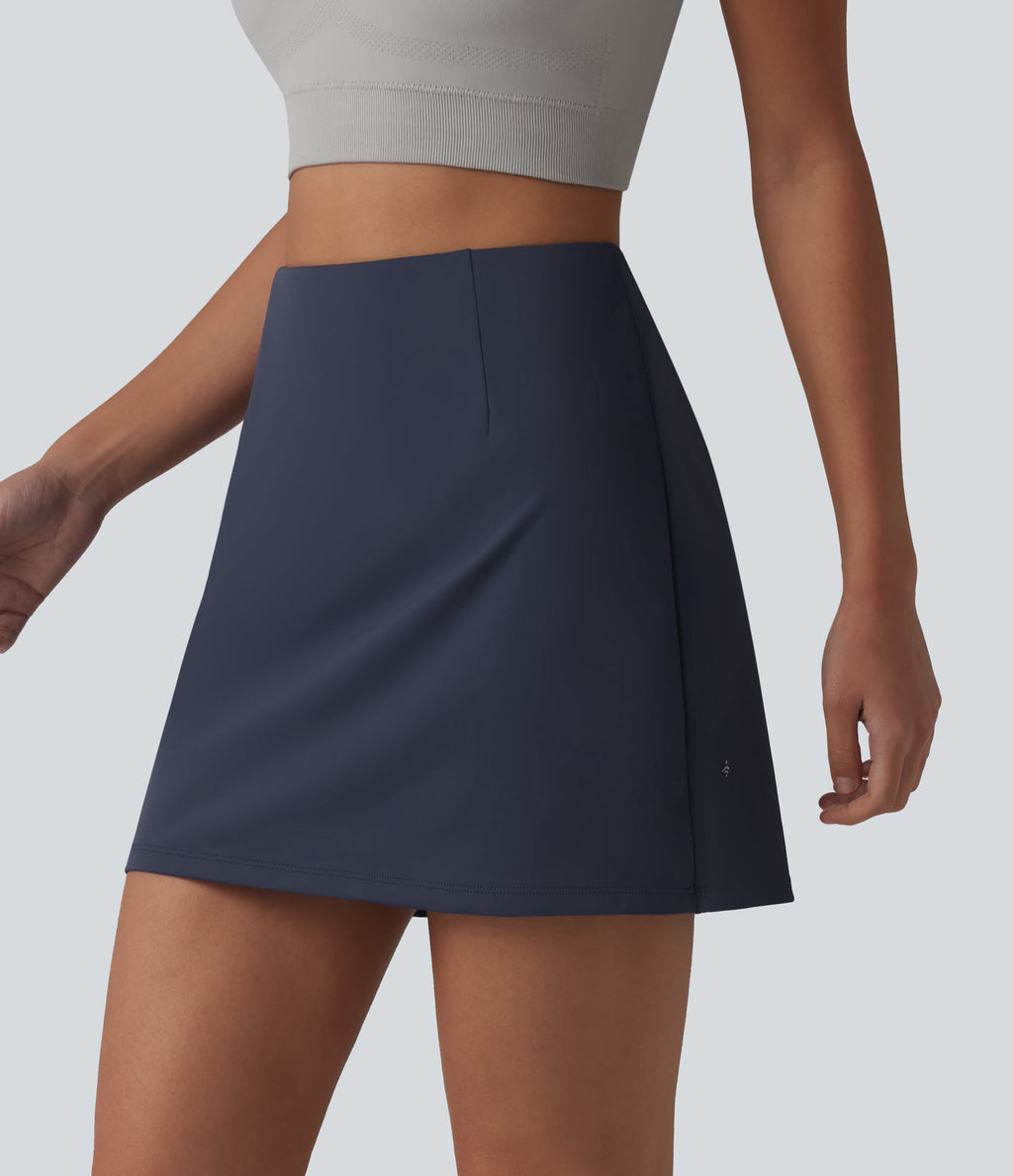High Waisted Tummy Control 2-in-1 Mini Workout Skirt with Pockets — Always in a Mood - Dark Blue — view 3