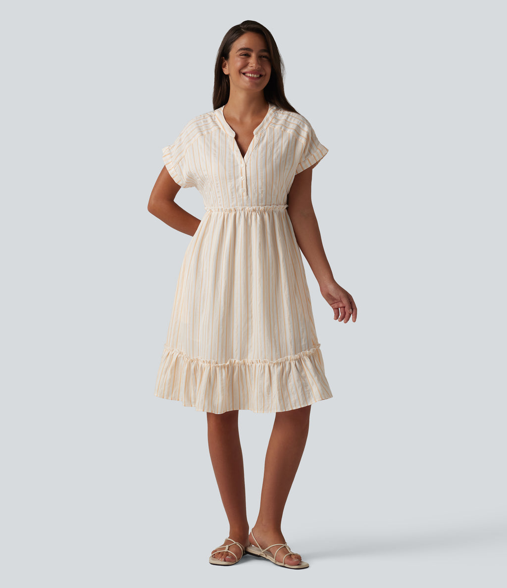 V Neck Short Sleeve Stripe Mini Casual Dress with Pockets — Orange White Stripe — view 1