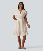 V Neck Short Sleeve Stripe Mini Casual Dress with Pockets — Orange White Stripe — view 1