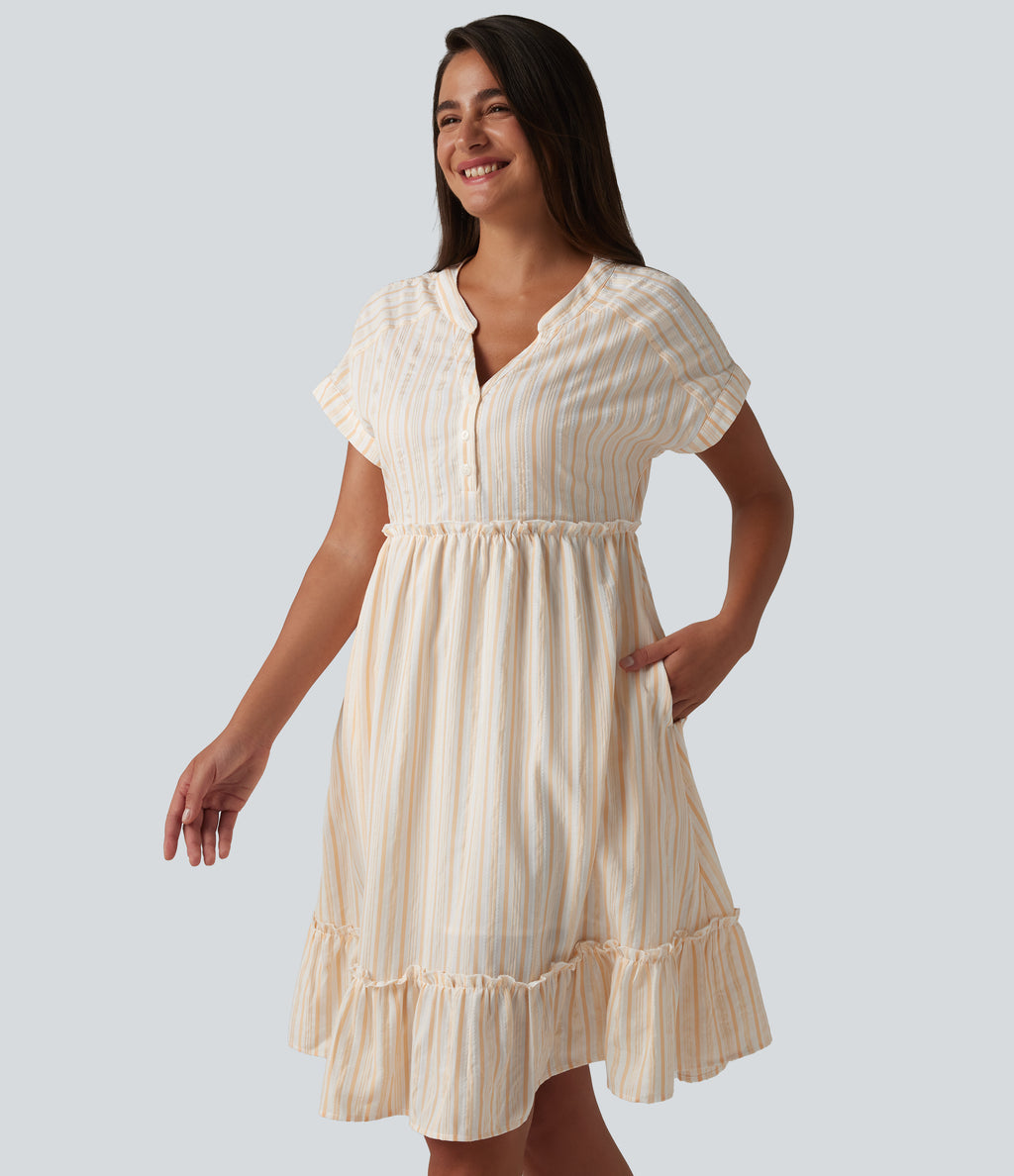 V Neck Short Sleeve Stripe Mini Casual Dress with Pockets — Orange White Stripe — view 4