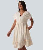 V Neck Short Sleeve Stripe Mini Casual Dress with Pockets — Orange White Stripe — view 4