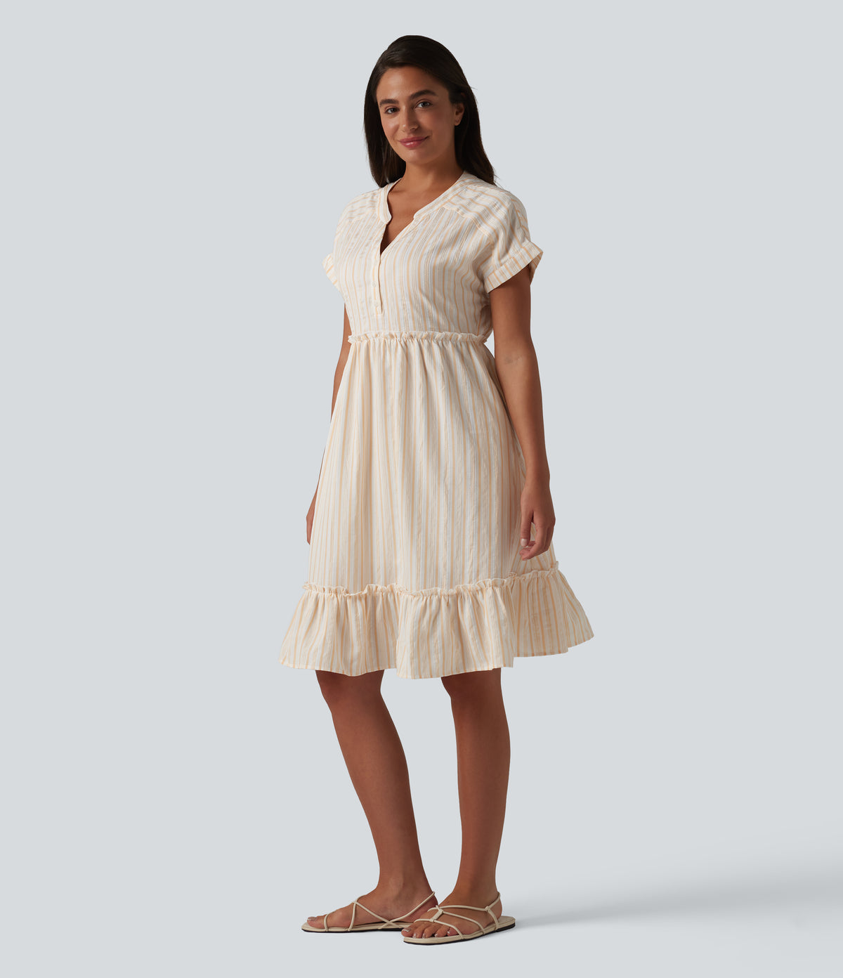 V Neck Short Sleeve Stripe Mini Casual Dress with Pockets — Orange White Stripe — view 3