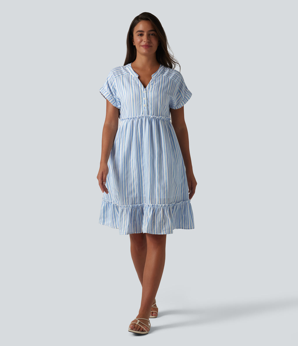 V Neck Short Sleeve Stripe Mini Casual Dress with Pockets — Pale Cloud Stripe — view 6