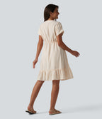 V Neck Short Sleeve Stripe Mini Casual Dress with Pockets — Orange White Stripe — view 2