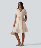 V Neck Short Sleeve Stripe Mini Casual Dress with Pockets — Orange White Stripe — view 5