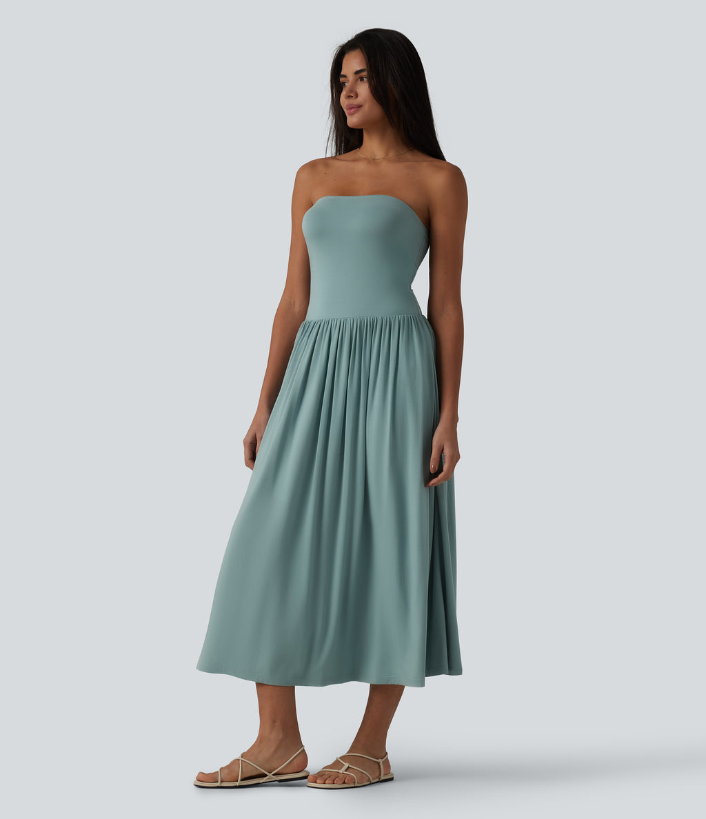 Tube Ruched Flowy Midi Casual Dress — Oil Blue — view 3