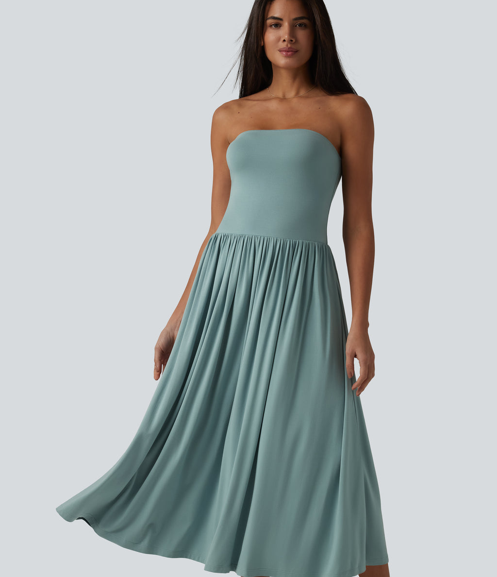 Tube Ruched Flowy Midi Casual Dress — Oil Blue — view 4