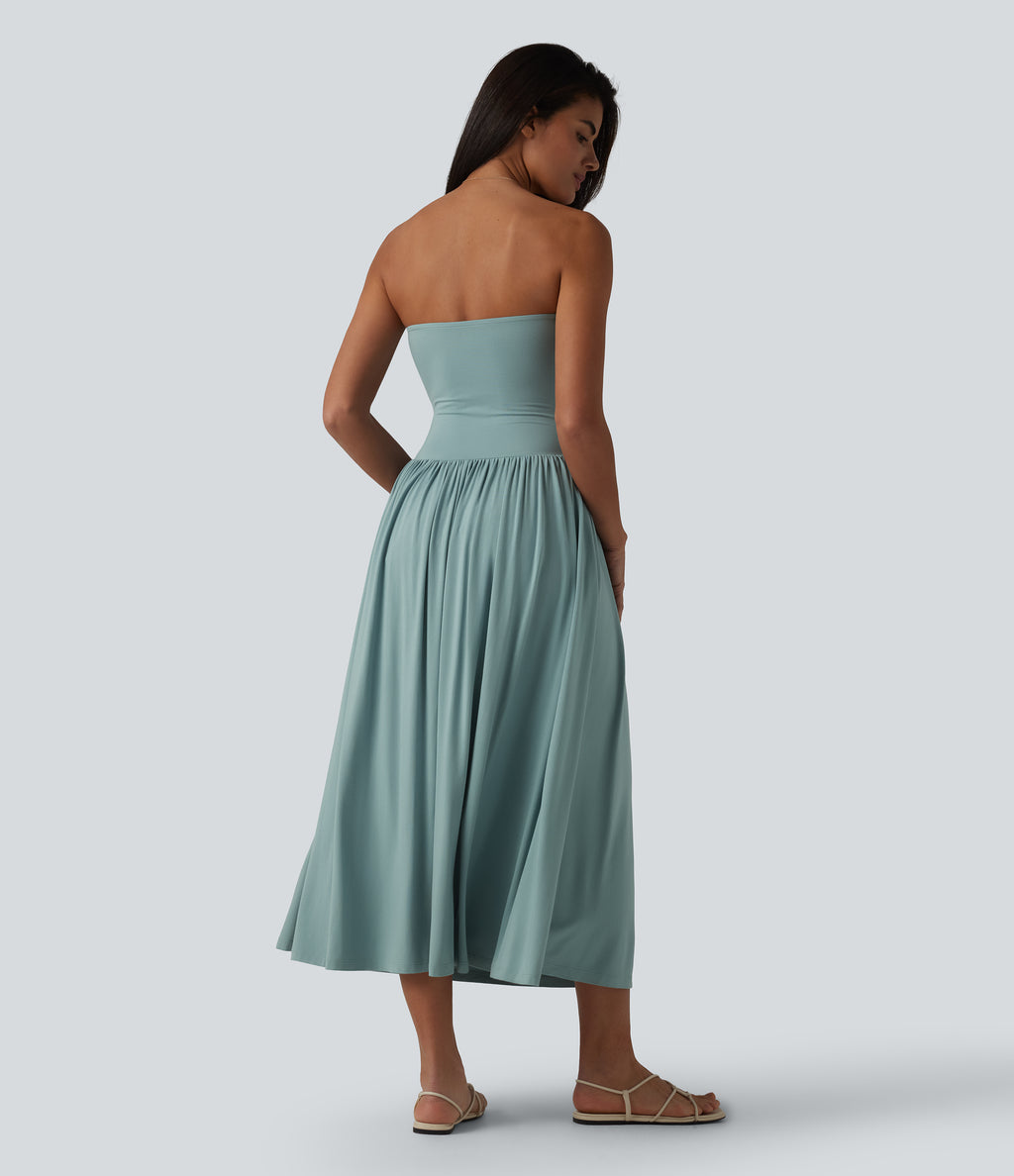 Tube Ruched Flowy Midi Casual Dress — Oil Blue — view 2