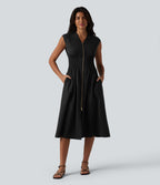 V Neck Sleeveless 2-Way Zipper Midi Work Dress with Pockets — Black — view 2