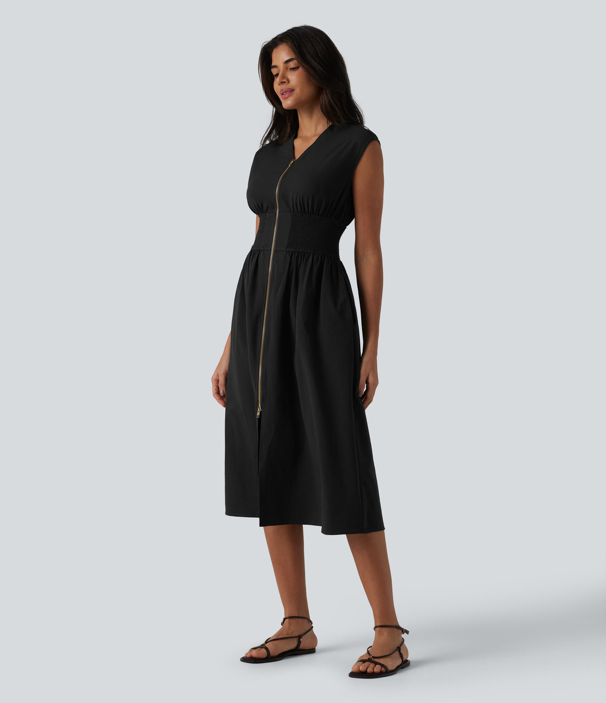 V Neck Sleeveless 2-Way Zipper Midi Work Dress with Pockets — Black — view 4