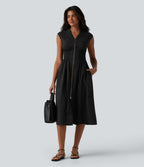 V Neck Sleeveless 2-Way Zipper Midi Work Dress with Pockets — Black — view 1