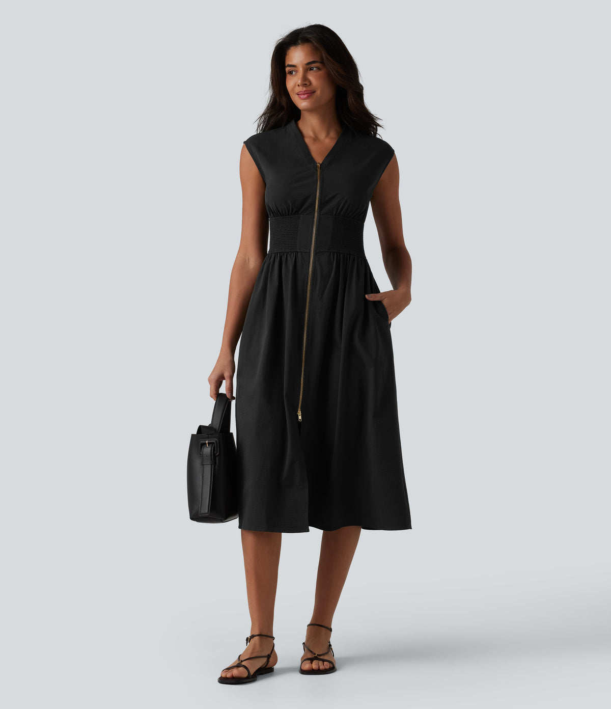 V Neck Sleeveless 2-Way Zipper Midi Work Dress with Pockets — Black — view 1