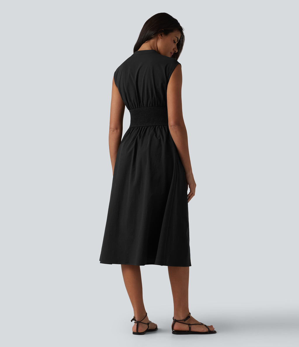 V Neck Sleeveless 2-Way Zipper Midi Work Dress with Pockets — Black — view 3