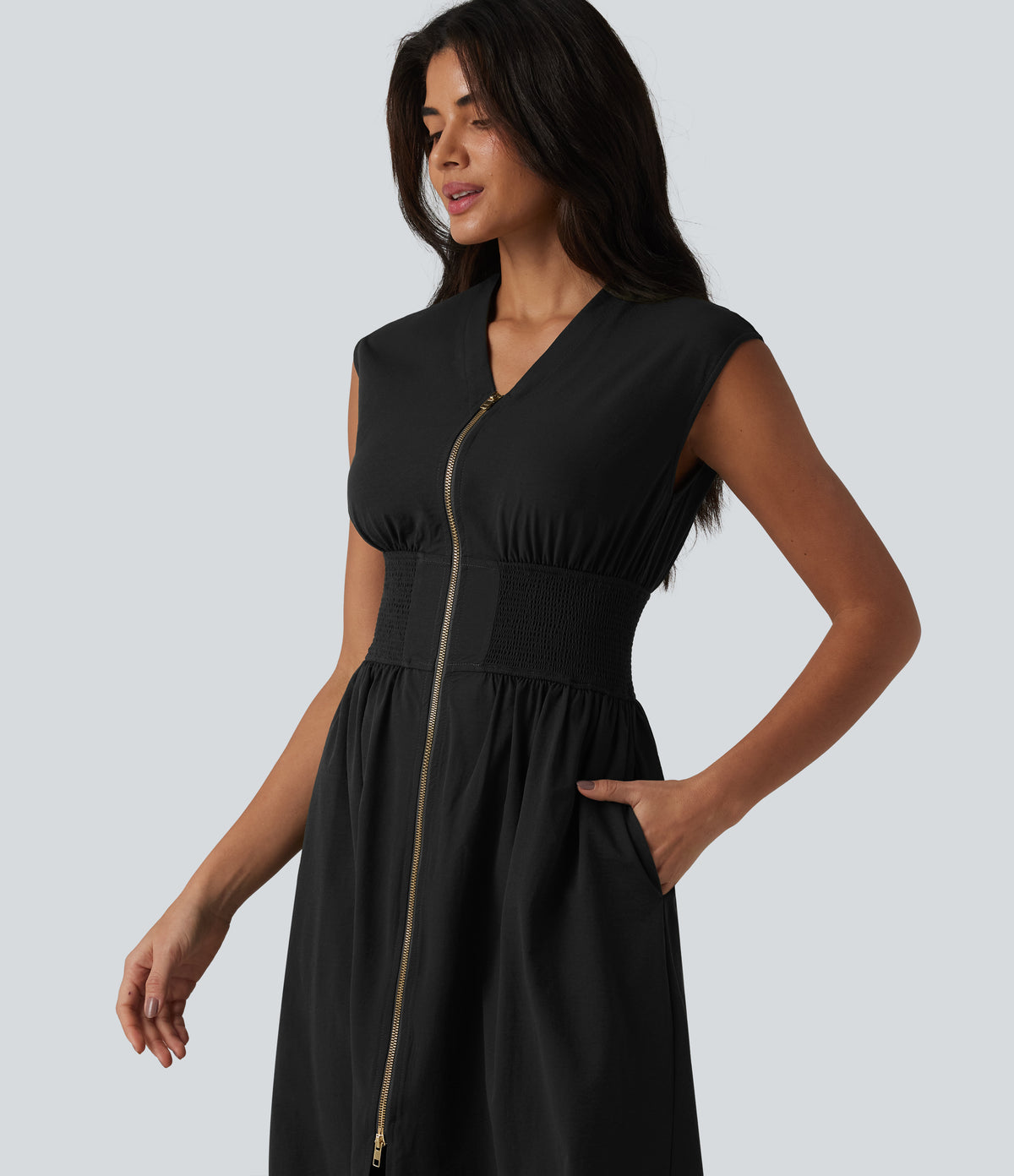 V Neck Sleeveless 2-Way Zipper Midi Work Dress with Pockets — Black — view 6