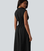 V Neck Sleeveless 2-Way Zipper Midi Work Dress with Pockets — Black — view 5