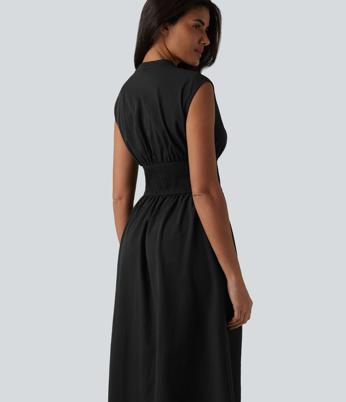 V Neck Sleeveless 2-Way Zipper Midi Work Dress with Pockets — Black — view 5