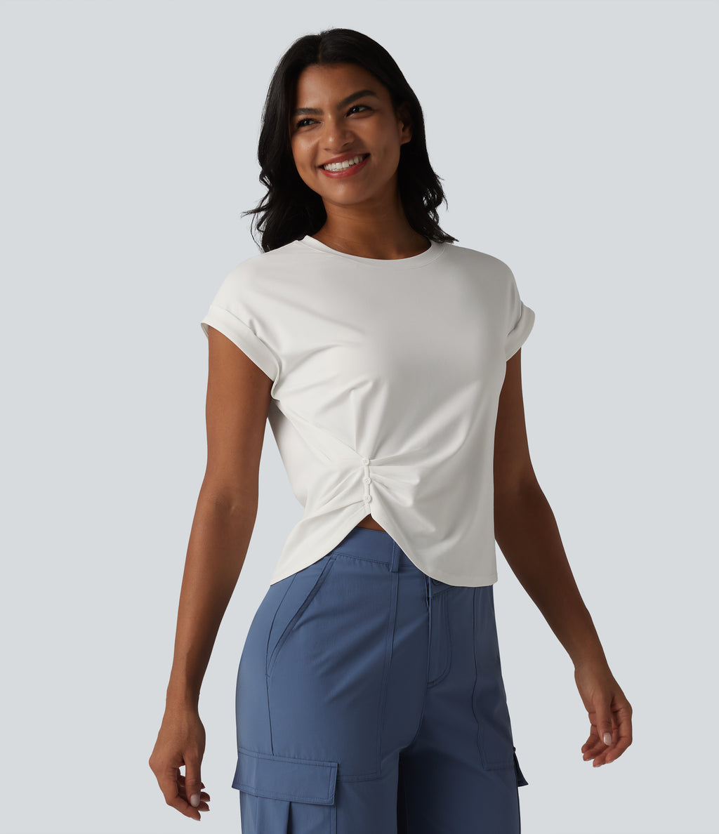 Round Neck Short Sleeve Curved Split Hem Casual T-Shirt — White — view 3
