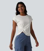 Round Neck Short Sleeve Curved Split Hem Casual T-Shirt — White — view 3