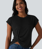 Round Neck Short Sleeve Curved Split Hem Casual T-Shirt — Black — view 6
