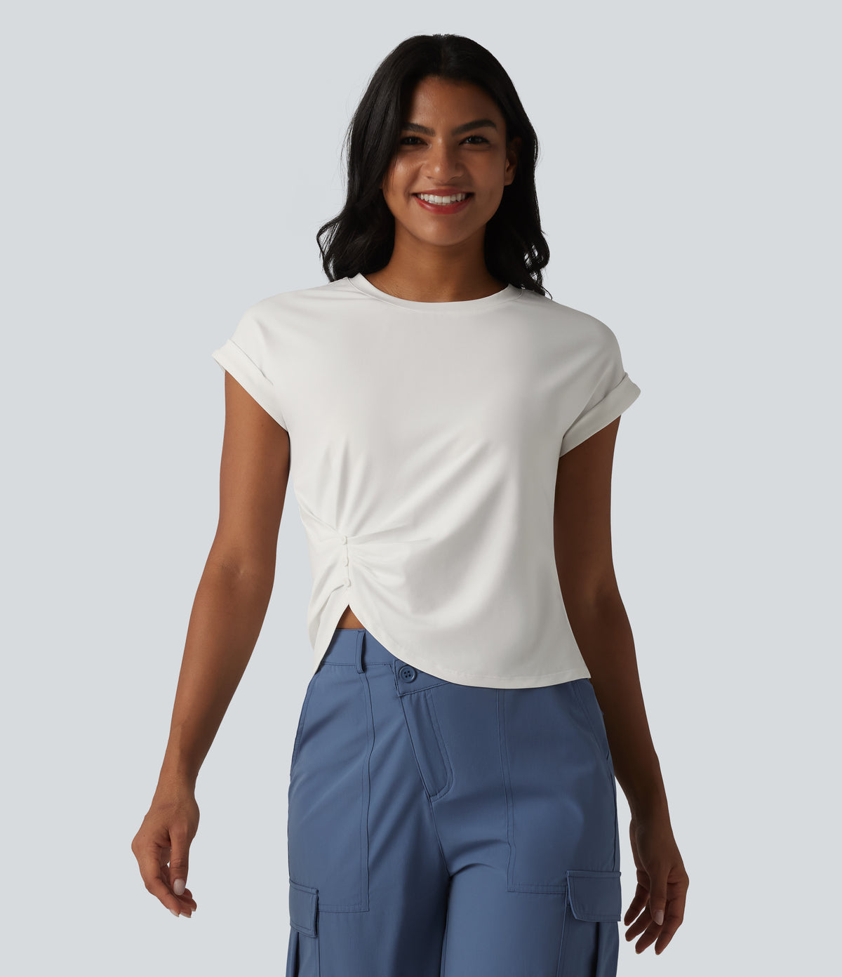 Round Neck Short Sleeve Curved Split Hem Casual T-Shirt — White — view 1