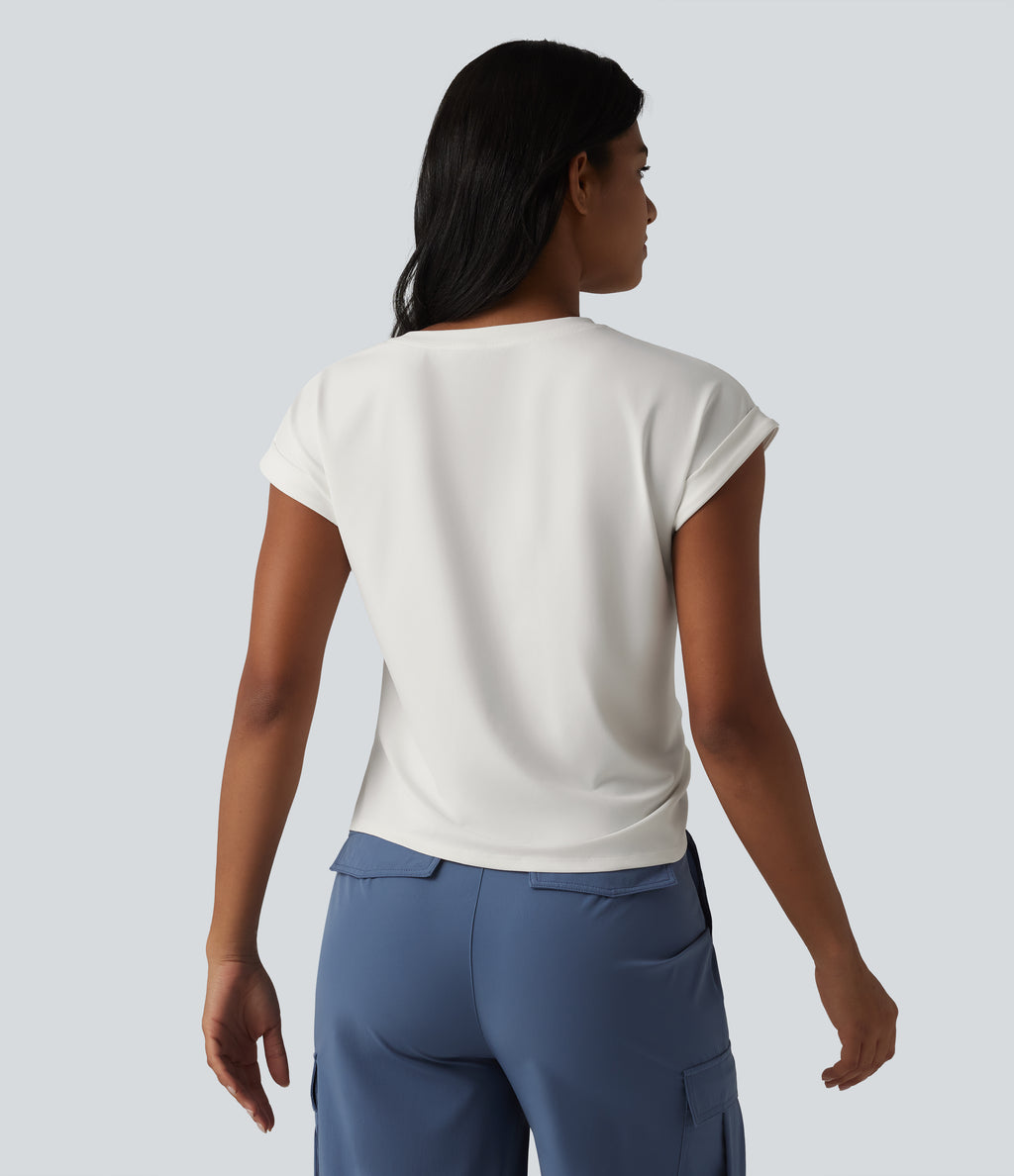 Round Neck Short Sleeve Curved Split Hem Casual T-Shirt — White — view 2
