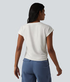 Round Neck Short Sleeve Curved Split Hem Casual T-Shirt — White — view 2