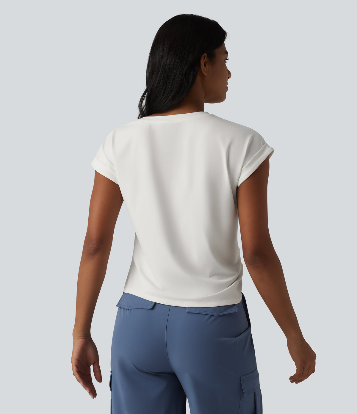 Round Neck Short Sleeve Curved Split Hem Casual T-Shirt — White — view 2