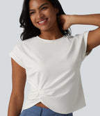 Round Neck Short Sleeve Curved Split Hem Casual T-Shirt — White — view 4