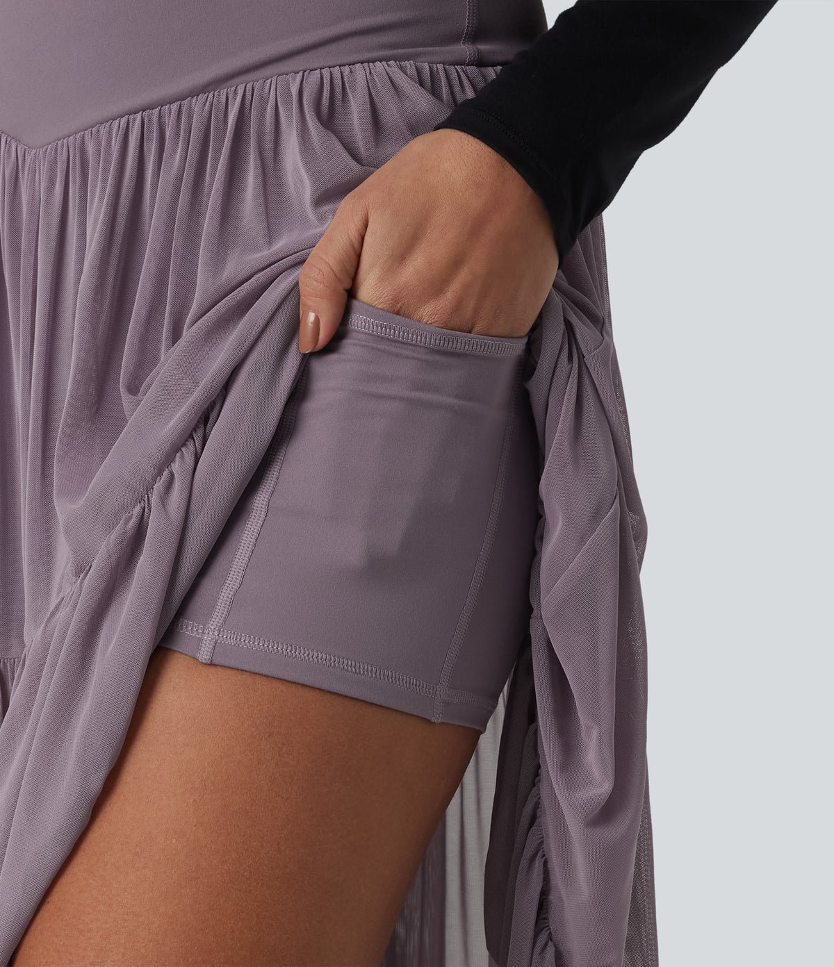 Crossover High Waisted 2-in-1 Breathable Mesh Midi Flowy Casual Tiered Skirt with Pockets — Lilac Blush — view 4