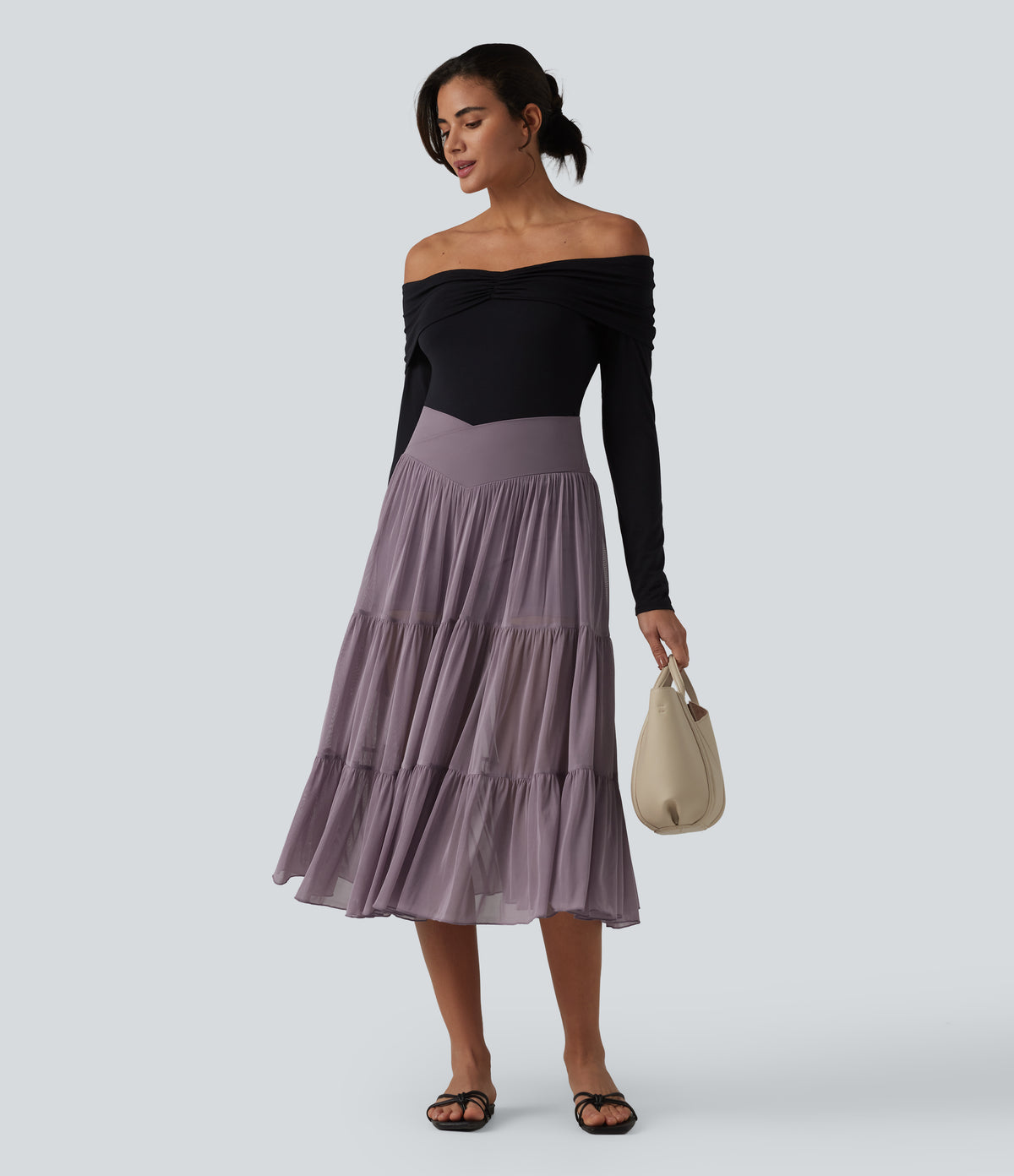 Crossover High Waisted 2-in-1 Breathable Mesh Midi Flowy Casual Tiered Skirt with Pockets — Lilac Blush — view 7
