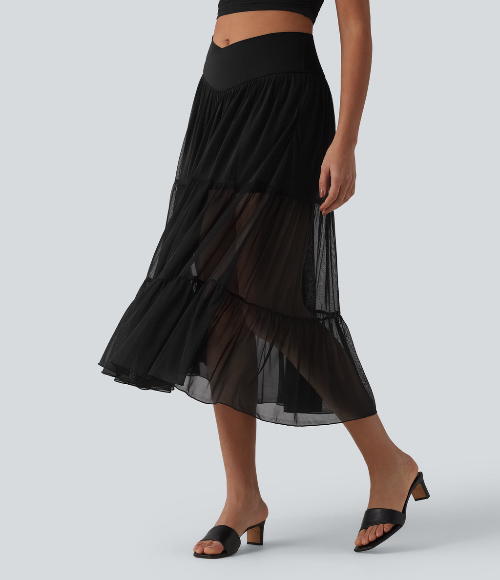 Crossover High Waisted 2-in-1 Breathable Mesh Midi Flowy Casual Tiered Skirt with Pockets — Black — view 9