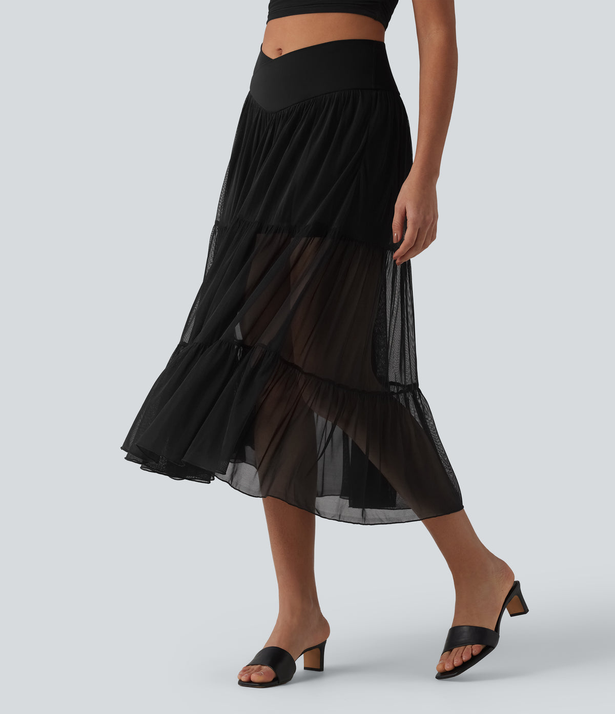 Crossover High Waisted 2-in-1 Breathable Mesh Midi Flowy Casual Tiered Skirt with Pockets — Black — view 9