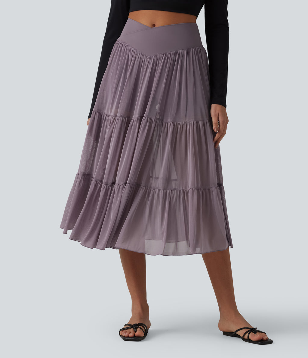 Crossover High Waisted 2-in-1 Breathable Mesh Midi Flowy Casual Tiered Skirt with Pockets — Lilac Blush — view 3