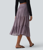Crossover High Waisted 2-in-1 Breathable Mesh Midi Flowy Casual Tiered Skirt with Pockets — Lilac Blush — view 2