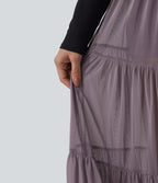 Crossover High Waisted 2-in-1 Breathable Mesh Midi Flowy Casual Tiered Skirt with Pockets — Lilac Blush — view 5