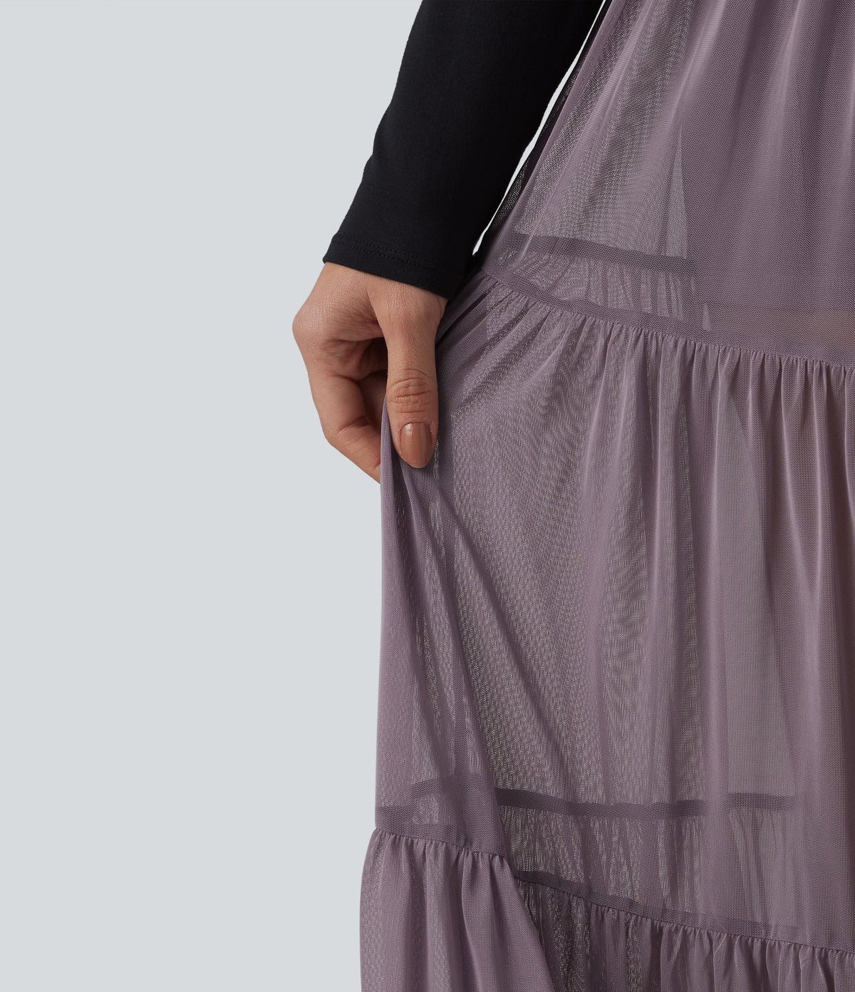 Crossover High Waisted 2-in-1 Breathable Mesh Midi Flowy Casual Tiered Skirt with Pockets — Lilac Blush — view 5