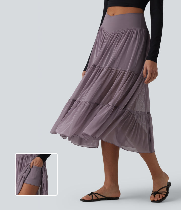 Crossover High Waisted 2-in-1 Breathable Mesh Midi Flowy Casual Tiered Skirt with Pockets — Lilac Blush — view 1