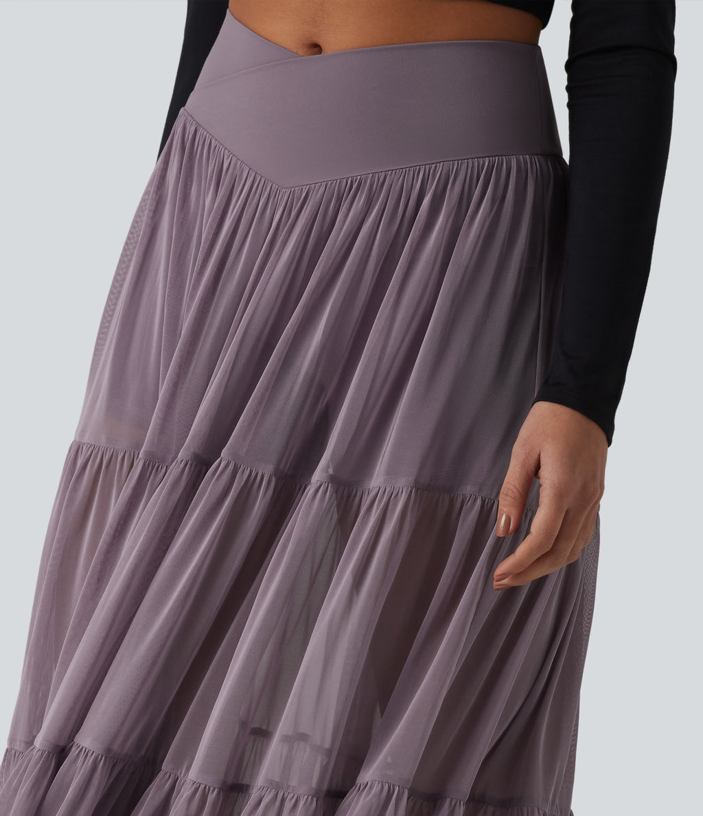 Crossover High Waisted 2-in-1 Breathable Mesh Midi Flowy Casual Tiered Skirt with Pockets — Lilac Blush — view 6