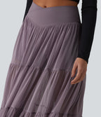 Crossover High Waisted 2-in-1 Breathable Mesh Midi Flowy Casual Tiered Skirt with Pockets — Lilac Blush — view 6